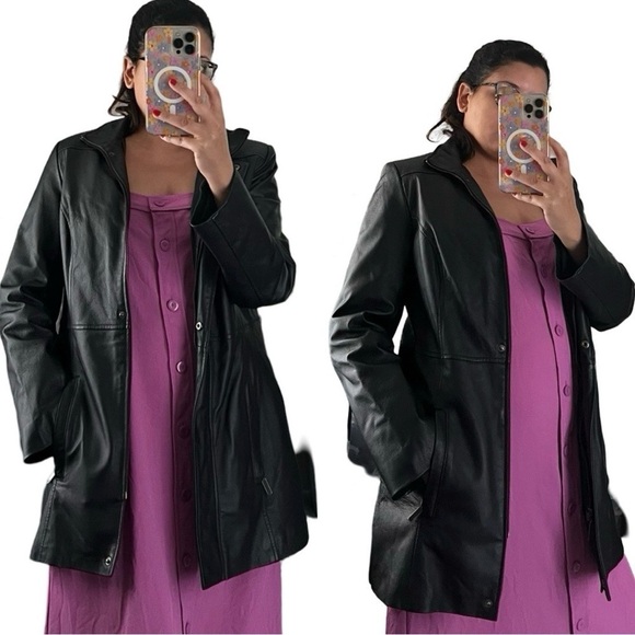 CROWN AND BARROW 100% Genuine Leather Black Trench Blazer Jacket Sz S - Picture 3 of 6